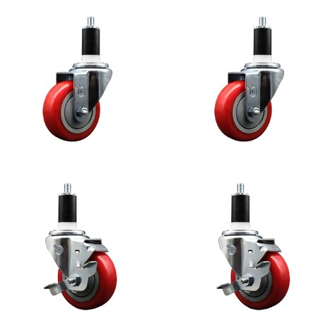 Service Caster 3.5'' SS Red Poly Wheel Swivel 1-3/8'' Expanding Stem Caster Set 2 Brakes, 4PK SCC-SSEX20S3514-PPUB-RED-2-TLB-2-138